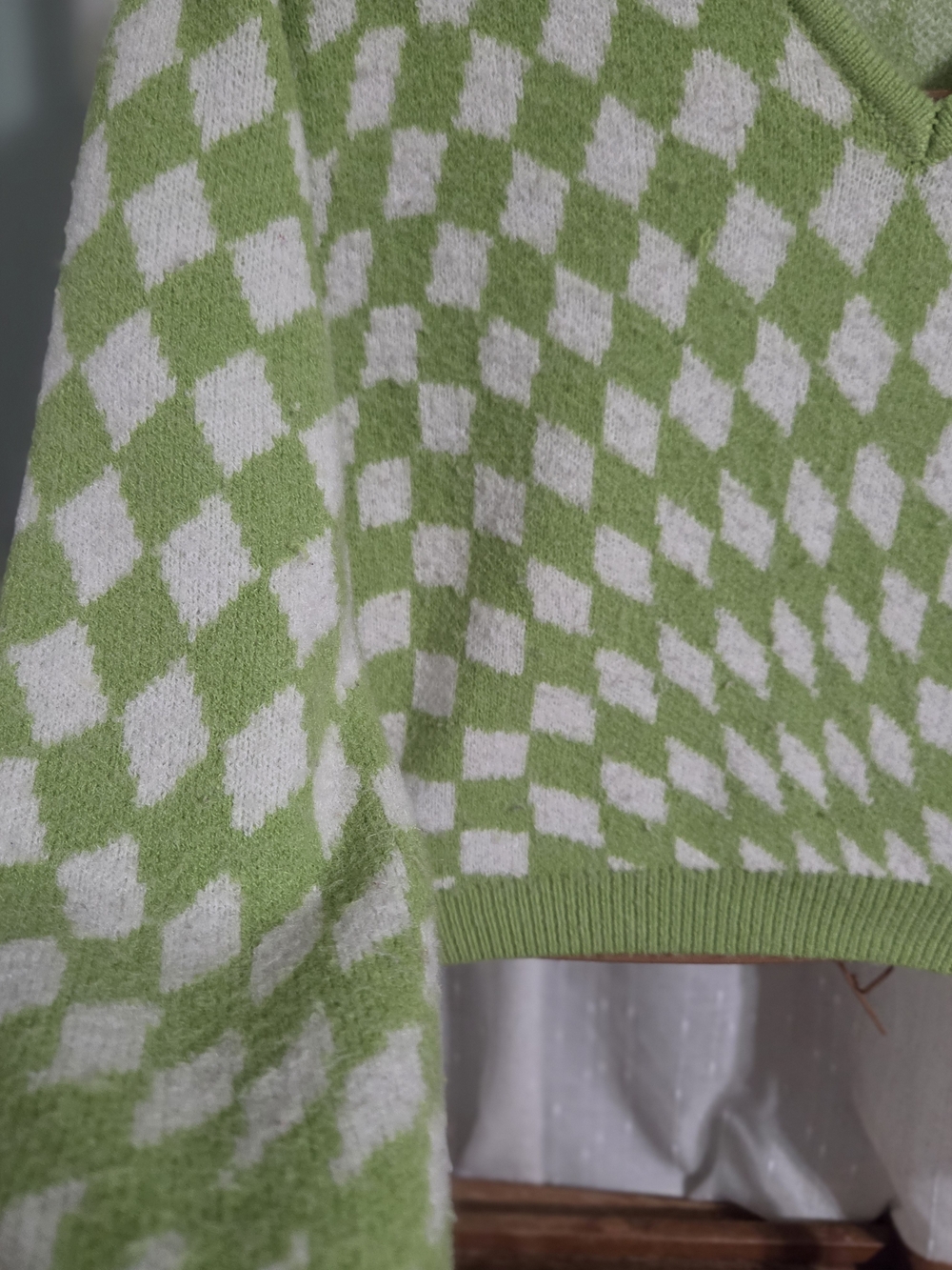Witty Fox Lime Green & White Checkerboard V-Neck Sweater - Picture 2 of 6